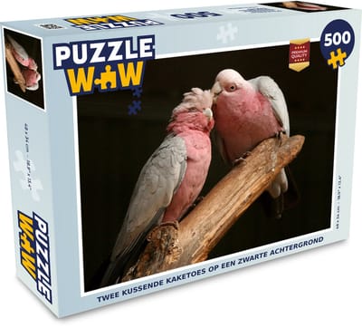 Puzzel Twee kussende kaketoes op een zwarte achtergrond - Legpuzzel - Puzzel 500 stukjes