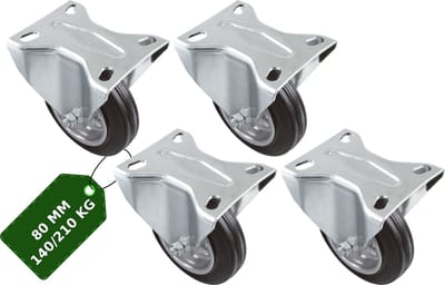 AMIG Bokwielen 80mm Set van 4 - 210kg Rubber Meubelwiel Rollager Zwart