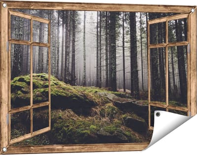 Gards Tuinposter Doorkijk Bos met Mos op Rotsen - 90x60 cm - Tuindoek - Tuindecoratie - Wanddecoratie buiten - Tuinschilderij