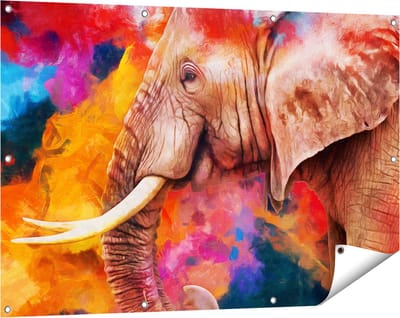 Gards Tuinposter Kleurrijke Olifant - Abstract - 120x80 cm - Tuindoek - Tuindecoratie - Wanddecoratie buiten - Tuinschilderij
