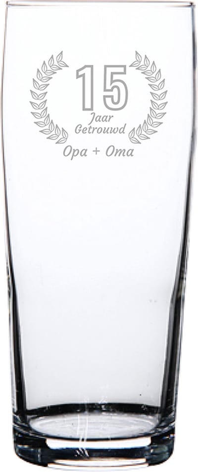 Gegraveerde bierfluitje 19cl Opa + Oma 15 jaar getrouwd