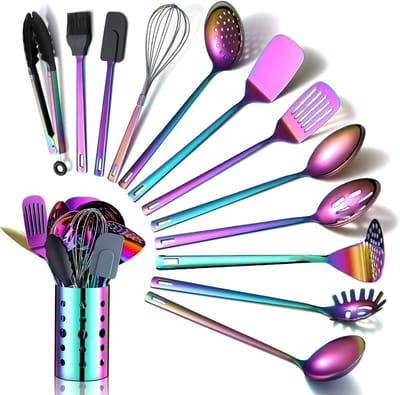 Regenboog Keukengerei Set, 13 Stuks Roestvrijstalen Kookgerei Set, Met Titanium Rgenboog Coating, Keukengerei Set Met Opbergvat Voor Keukengerei (13 Stuks)
