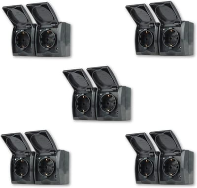 Dubbel Stopcontact Set voor Vochtige Ruimtes - 5 Stuks, IP44, Horizontaal, Antraciet