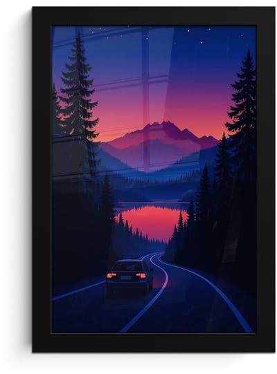 Poster in lijst - Fotolijst 20x30 cm - Posters - Auto - Donkere dennenbomen - Zonsondergang - Posterlijst zwart - Decoratie - Wanddecoratie woonkamer - Muurdecoratie slaapkamer