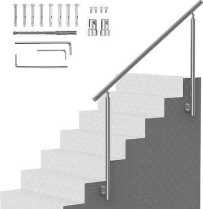 59 Inch/150 cm (L) Buitentrapleuning, Trapleuningset van Roestvrij Staal met Montage, Dubbel Paalontwerp voor Senioren, Ideaal voor Veranda, Terras, Zijmontage