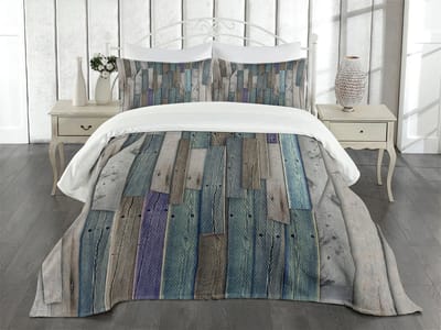 ABAKUHAUS rustieke dekspreiset, blauw, grijs, grungeplanken, gewatteerde driedelige dekbedset voor tweepersoonsbedden 220 x 220 cm, grijsblauw