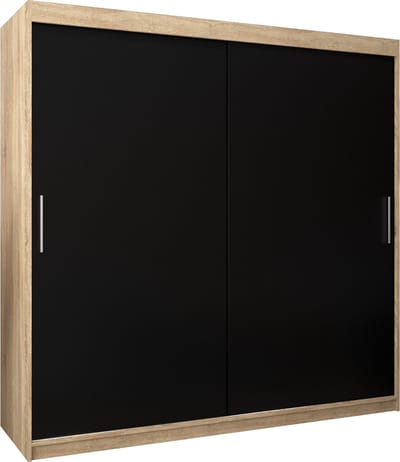 InspireMe - Kledingkast met 2 schuifdeuren, Modern-stijl, Kledingkast met planken (BxHxD): 200x200x62 - TORM 200 Sonoma Eik + Zwart Mat