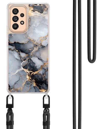 Hoesje met koord geschikt voor Samsung Galaxy A53 - Marble mist - Inclusief Zwart koord - Crossbody beschermhoes - Transparant, Grijs, Goud - Mooie Telefoonhoesjes