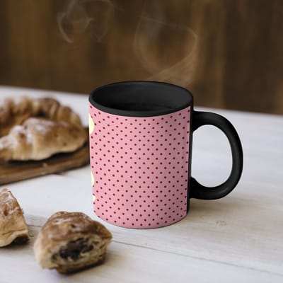 Magische Mok - Foto op Warmte Mokken - Koffiemok - Bonjour - Stippen - Roze- Geel - Magic Mok - Beker - 350 ML - Theemok - Mok met Tekst