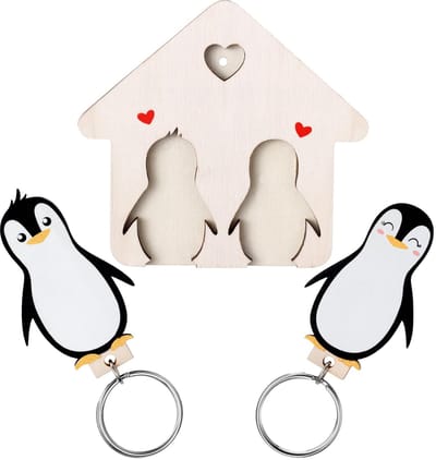 Dailygoods- Sleutelhanger Pinguïn - Houten Wandhouder - Afneembare Hangers - Decoratief - Cadeau voor Hem/haar - Licht Hout - Modulaire Ontwerp - Sleutelhouder