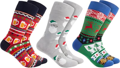 BRUBAKER 3 paar kerstsokken - grappige sokken met kerstmotieven - katoen - heren en dames cadeau Kerstmis - uniseks katoenen sokken in eenheidsmaat maten, Xmas bier, kleurrijk kerstpatroon - EU 35-40