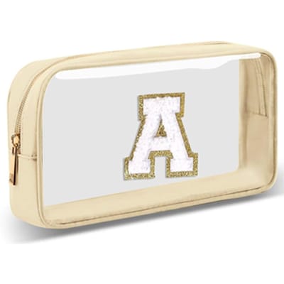 Petite Trousse de Maquillage Transparente Personnalisée avec Lettre Initiale, A-Z Patch Chenille Preppy Nylon Trousse Cosmétique avec Fermeture Éclair, Approuvée TSA A beige