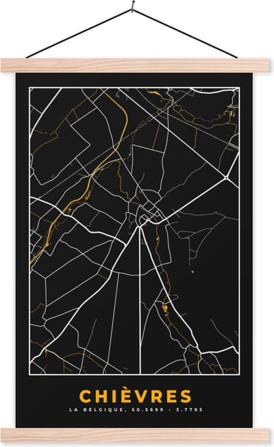 Posterhanger incl. Poster 40x60 cm - Schoolplaat - Stadskaart - Goud - Kaart - Plattegrond - Chièvres - Textielposter - Blanke latten - Stadskaart