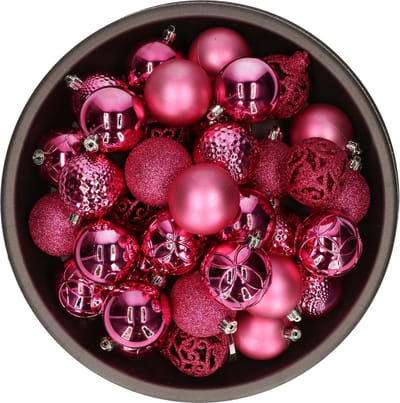 37x stuks kunststof/plastic kerstballen fuchsia roze (flashing pink) 6 cm mix - Onbreekbaar - Kerstversiering