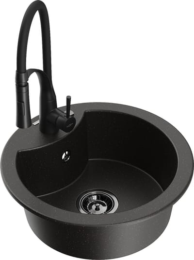 Mexen Diego granieten gootsteen 1-komors met keukenmengkraan Aster, zwart/goud metallic - 6512-75-73450-70-B