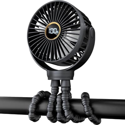 Draagbare Mini Stokbroekventilator - Kleine Oplaadbare Persoonlijke Ventilator - Baby Reis Essentials voor Wagen & Autostoel - 360° Draaibaar, 3 Snelheden, Display - Zwart - 1 Stuk