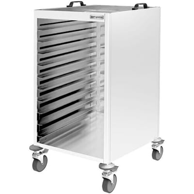 GGM Gastro Tablettwagen - Edelstahl - für 18 Tabletts - EN 530x370 - mit geräuscharmen Rollen Zilver