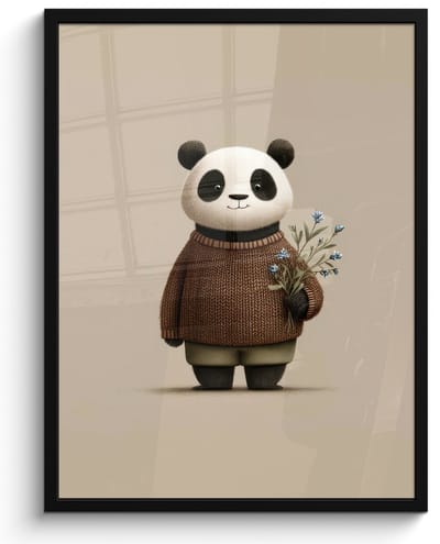 Poster in lijst - Fotolijst 50x70 cm - Posters - Panda - Blauwe bloemen - Zachtheid - Posterlijst zwart - Decoratie - Wanddecoratie woonkamer - Muurdecoratie slaapkamer