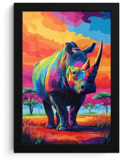 Poster in lijst - Fotolijst 20x30 cm - Posters - Neushoorn - Zonsondergang - Savanna - Kleurrijk - Posterlijst zwart - Decoratie - Wanddecoratie woonkamer - Muurdecoratie slaapkamer