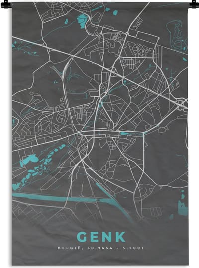 Wandkleed - Wanddoek - Kaart – Plattegrond – Stadskaart – Genk – België - Grijs - 120x180 cm - Wandtapijt