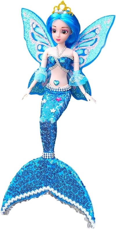 Zeemeermin Prinses Pop - Zeemeermin Speelgoed - Verkleedplezier - Verwijderbare Vleugels - 42 cm - Blauw