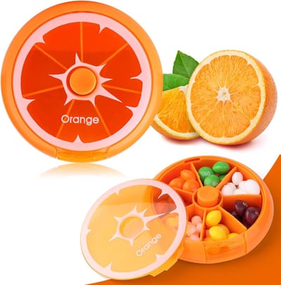 Medicijndoosje 7 dagen - Medicijndoos - Ronde Pillendoos – 7-Vaks Medicijndoos, ABS Kunststof 100% Nieuw Materiaal – Compact, Vochtbestendig & Draagbaar –oranje kleur Fruit Design