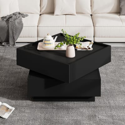 Woonkamer salontafel 60x60x38 cm - 360° draaibaar - met twee lagen trays en opbergruimte - bijzettafel - zwart