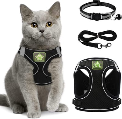 Verstelbare Kattenharnas met Reflecterende Straps, Ademend en Ontsnappingsbestendig, Comfortabel en Veilig voor Buiten, Zwart, XS