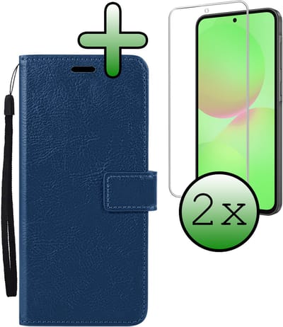 Hoesje Met 2x Screenprotector - Geschikt voor Samsung Galaxy A36 - Luxe Pasjeshouder - Bookcase Portemonee - Flip Case - Kunstleer Book Case - Flipcase Hoes - Book Cover - Walletcase - Portemonneehoes - Donkerblauw
