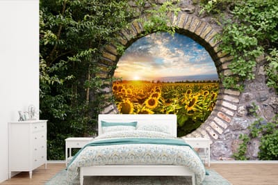 Behang - Fotobehang Zonnebloemen - Doorkijk - Bloemen - Zon - Breedte 420 cm x hoogte 280 cm