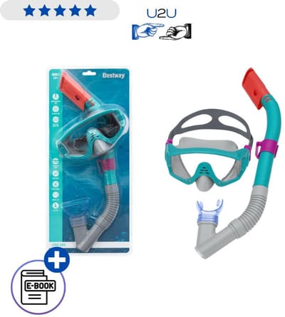 Bestway Duikset 24068 Blauw Masker Met Snorkel 14+ Gehard Glas Snorkelset UV Bescherming Verstelbare Band Latexvrij Duikmasker Met Snorkel Met Ebook
