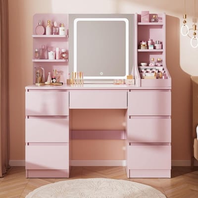 Kaptafel Roze met LED Spiegel en Veel Opbergruimte