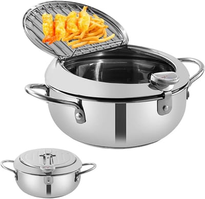 Friteuse Pan - Keuken Pan - Gezellig Eten Maken - Met Temperatuurmeter - 4L Inhoud - Zilver