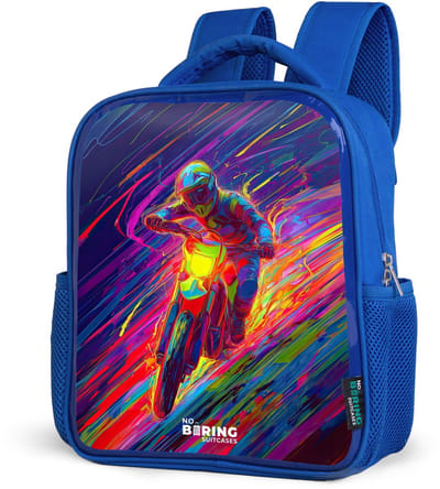 NoBoringSuitcases.com® - Rugzak blauw - Schooltas jongens - Crossmotor - Neonkleuren - Lijnen - Helm - Kinder rugtas jongen - Boekentas kind - Kinderrugzak voor school - Schoolrugzak