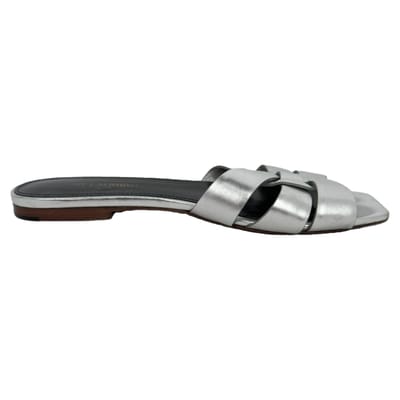 Saint Laurent Tribute Geweven Metallic Slides in Zilver Leder