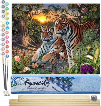 Figured'Art Schilderen op Nummer Volwassenen canvas Tijgerfamilie - Handwerk acrylverf Kit DIY Compleet - 40x50cm met DIY houten lijst