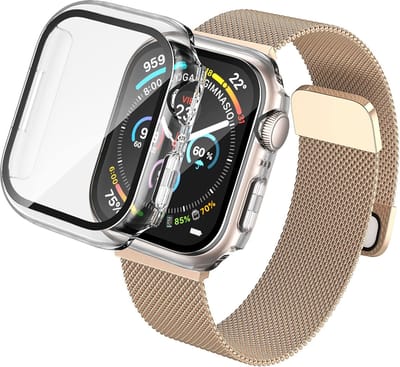 Hoesje met Screenprotector + Bandje geschikt voor Apple Watch 7 45 mm - Magnetisch Bandje Goud - Case met Screenprotector