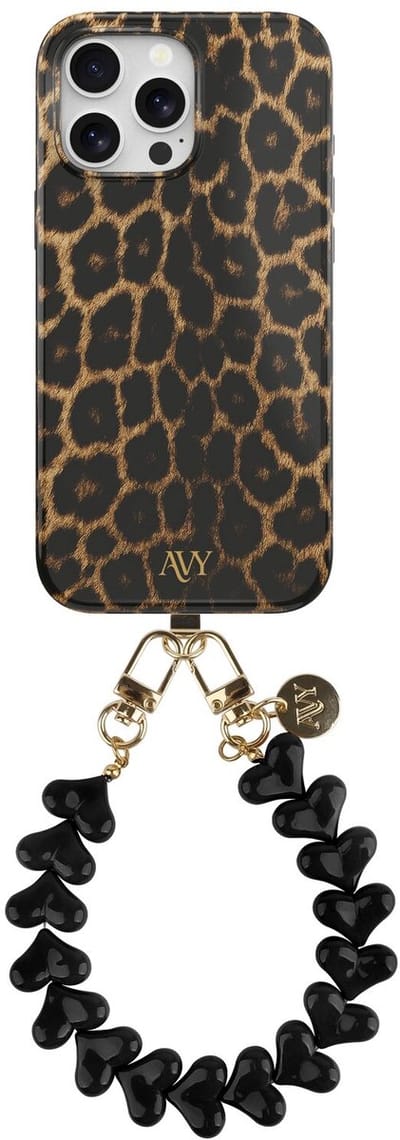 AVY Hoesje Met Telefoonkoord | Geschikt voor Apple iPhone 13 Pro | Compatibel met MagSafe | Hard Shell Back Cover | Stijlvol Bijpassend Koord 30CM | Panther Hearts | Bruin