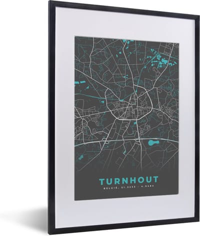 Fotolijst incl. Poster - België – Turnhout – Stadskaart – Kaart – Blauw – Plattegrond - 30x40 cm - Posterlijst