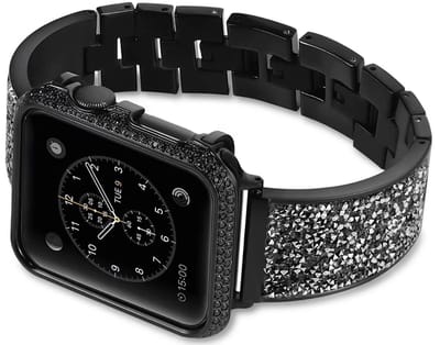 Stravo Luxe Metalen Damesbandje met Strass-Kristallen – Geschikt voor Apple Watch 46mm (Series 11/10), 45mm (Series 9/8/7), 44mm (Series 6/5/4, SE 3/2/1), 49mm (Ultra 3/2/1) – Sprankelend Sieradenbandje – Zwart
