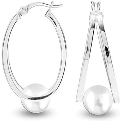 Vrouwen Ovale Hoops met Witte Parel, 925 Sterling Zilver BIPE030