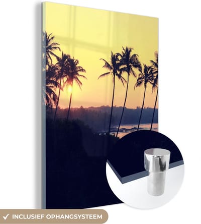 MuchoWow® Glasschilderij 30x40 cm - Schilderij acrylglas - Zee - Palmboom - Avond - Landschap - Foto op glas - Schilderijen