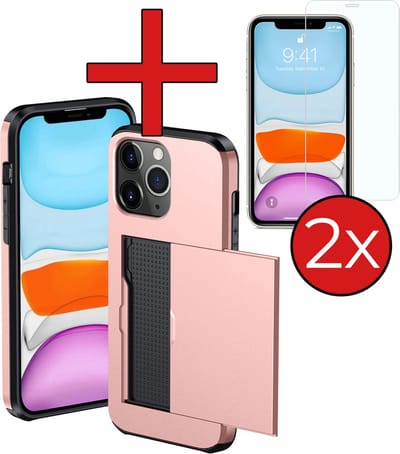 Hoesje Geschikt voor iPhone 11 Pro Hoesje Met Pasjeshouder Hard Case Met Kaarthouder Met 2x Screenprotector - Hoes Geschikt voor iPhone 11 Pro Hoesje Pashouder Case - Rosé goud