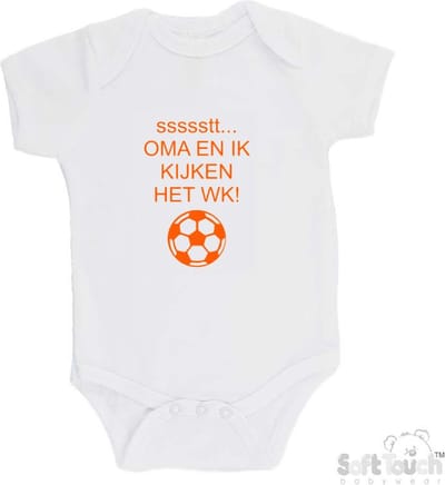 100% katoenen Romper "ssssstt Oma en ik kijken het WK" Unisex Katoen Wit Oranje Maat 62/68