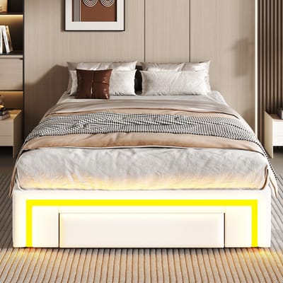 Wishdor Bedframe 90x200 cm – Met Laden en LED – Zonder Hoofdbord – PU-Leer – Wit