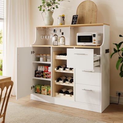 OKWISH Dressoir Met Wijnrek En Verlichting – 120x40x121 Cm – 1 Deur 3 Lades 2 Open Vakken – Met Stopcontact – MDF Wit Naturel