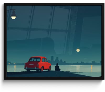 Poster in lijst - Fotolijst 80x60 cm - Posters - Auto - Volle maan - Uitkijkend over water - Posterlijst zwart - Decoratie - Wanddecoratie woonkamer - Muurdecoratie slaapkamer