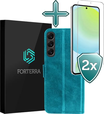 Hoesje Met 2x Screenprotector - Geschikt voor Samsung Galaxy S24 FE - Luxe Pasjeshouder - Flip Case - Bookcase Portemonee - Kunstleer Book Case - Flipcase Hoes - Book Cover - Walletcase - Portemonneehoes - Turquoise