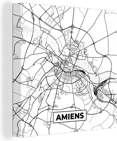 Canvas Schilderij Amiens - Kaart - Plattegrond - Frankrijk - Stadskaart - Zwart wit - 20x20 cm - Wanddecoratie