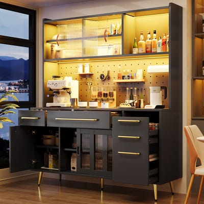 Buffetkast - Modern met LED - Hoge Kast met Lade en Glazen Planken, Opbergkast met Paneel - Hout - Zwart